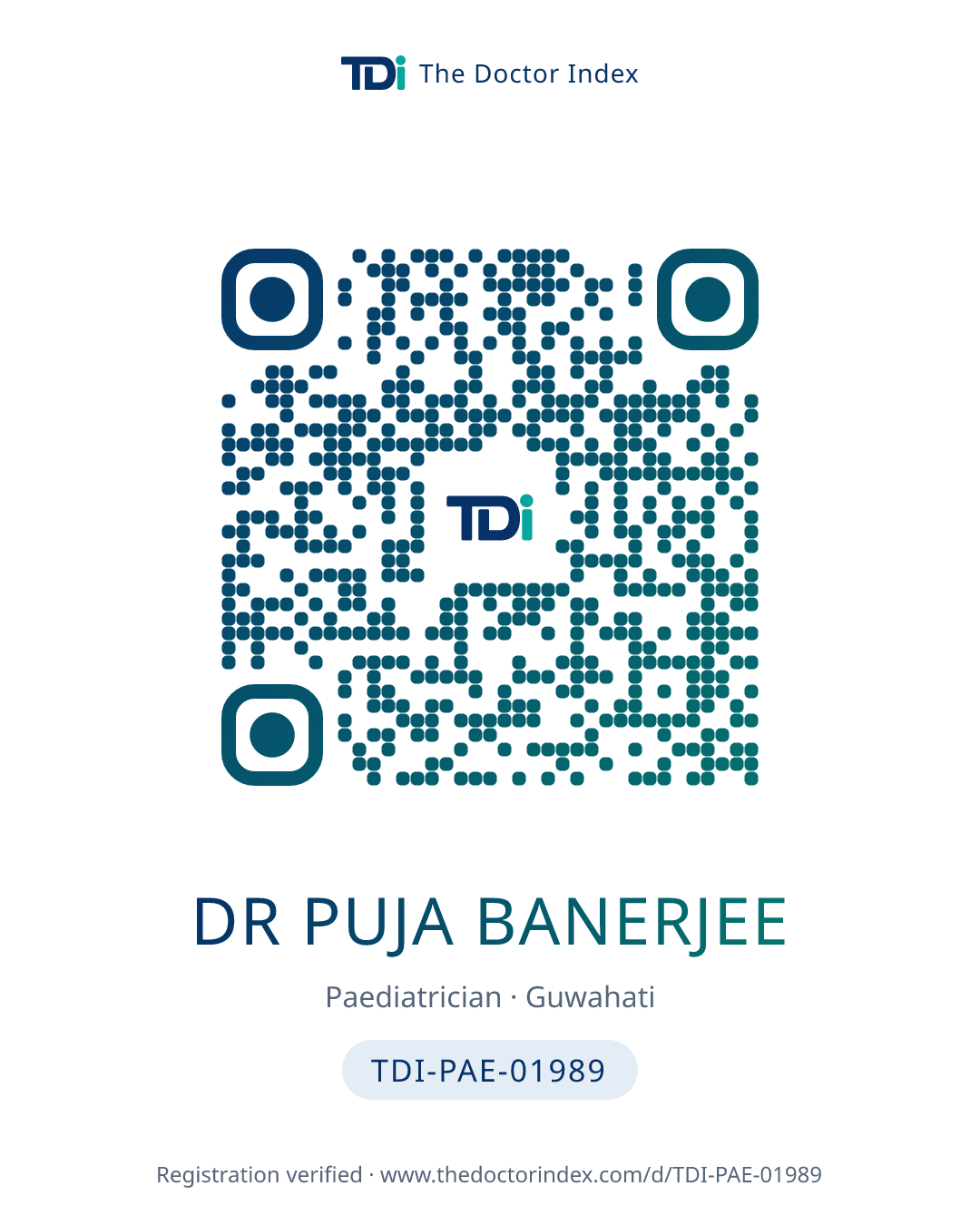 QR card for Dr Puja Banerjee, TDI-PAE-01989