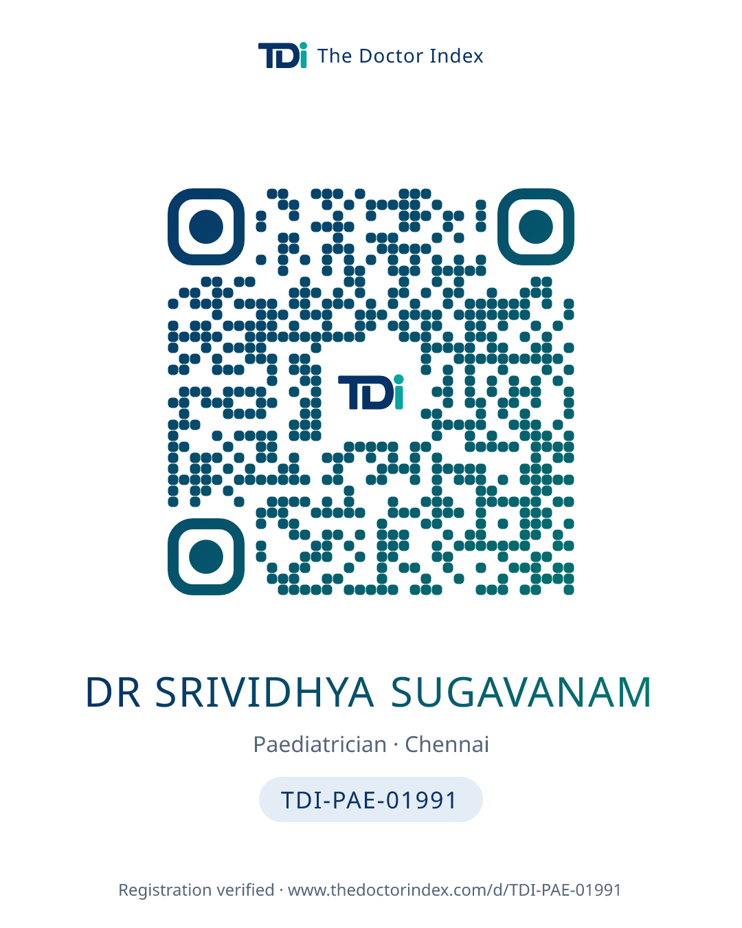QR card for Dr Srividhya Sugavanam, TDI-PAE-01991