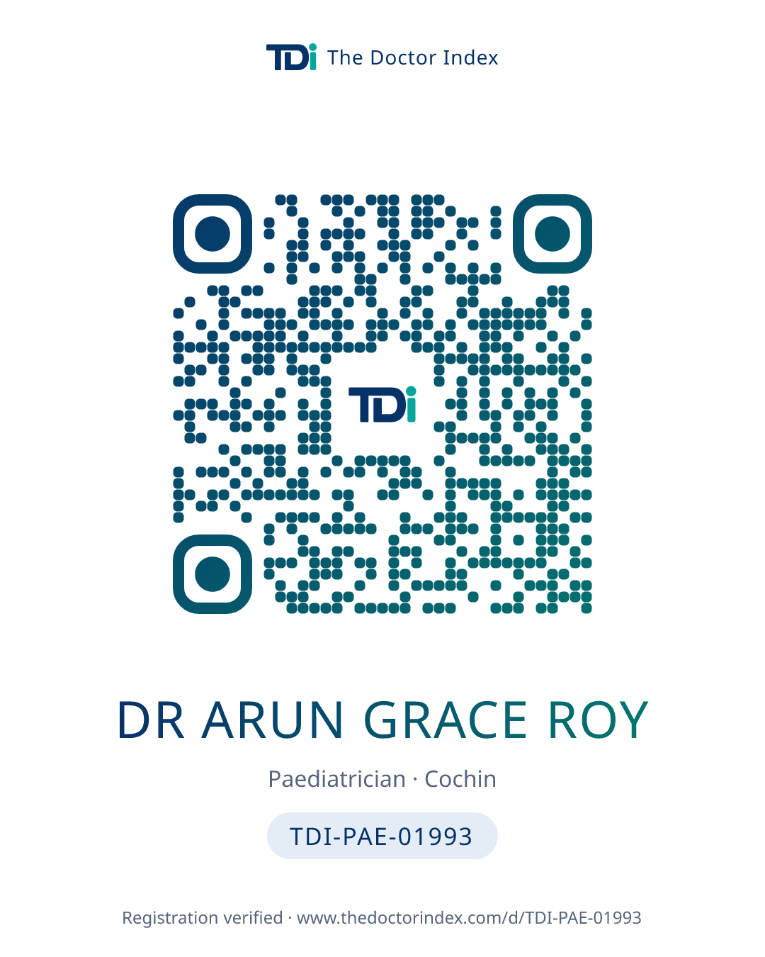 QR card for Dr Arun Grace Roy, TDI-PAE-01993