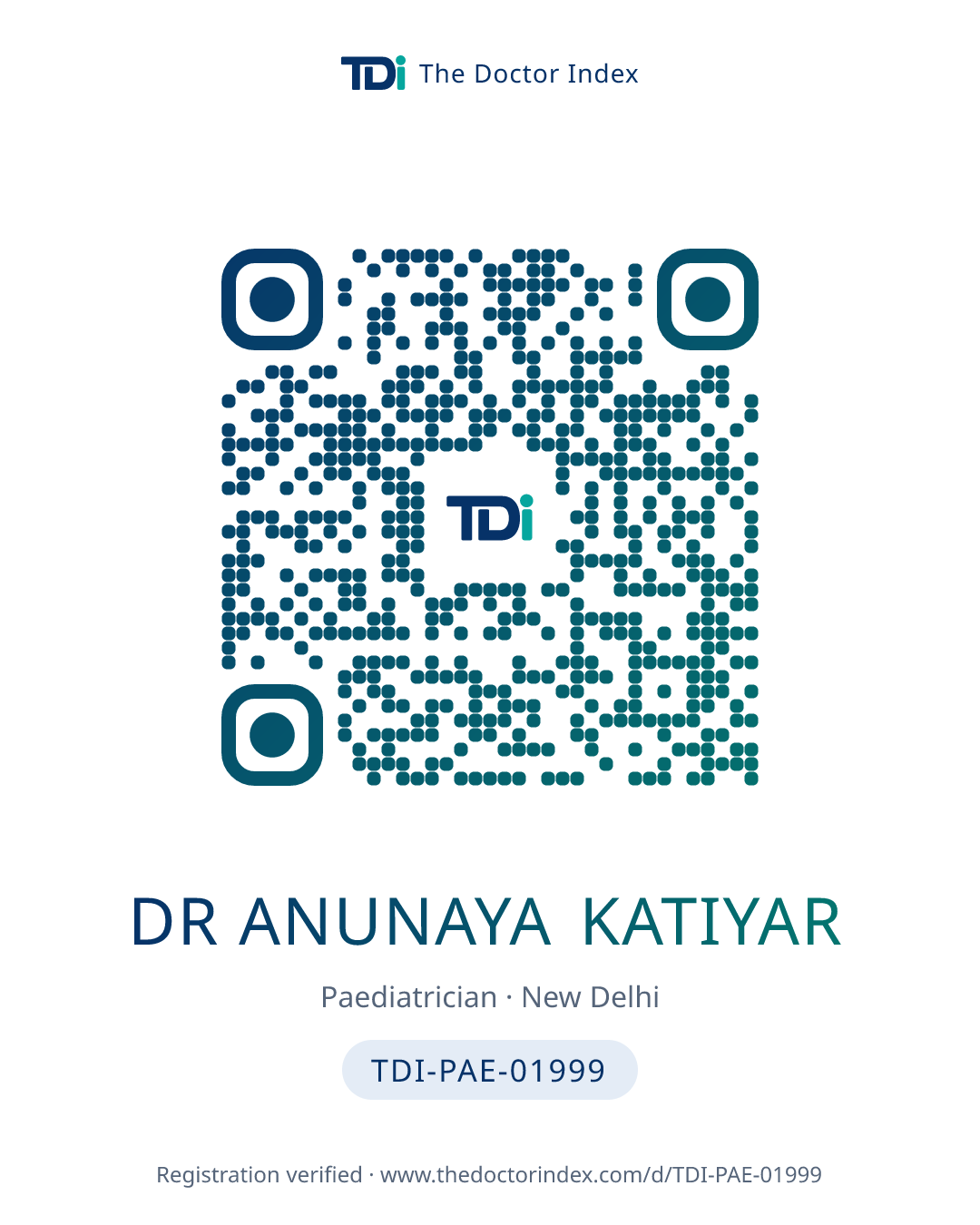 QR card for Dr Anunaya Katiyar, TDI-PAE-01999