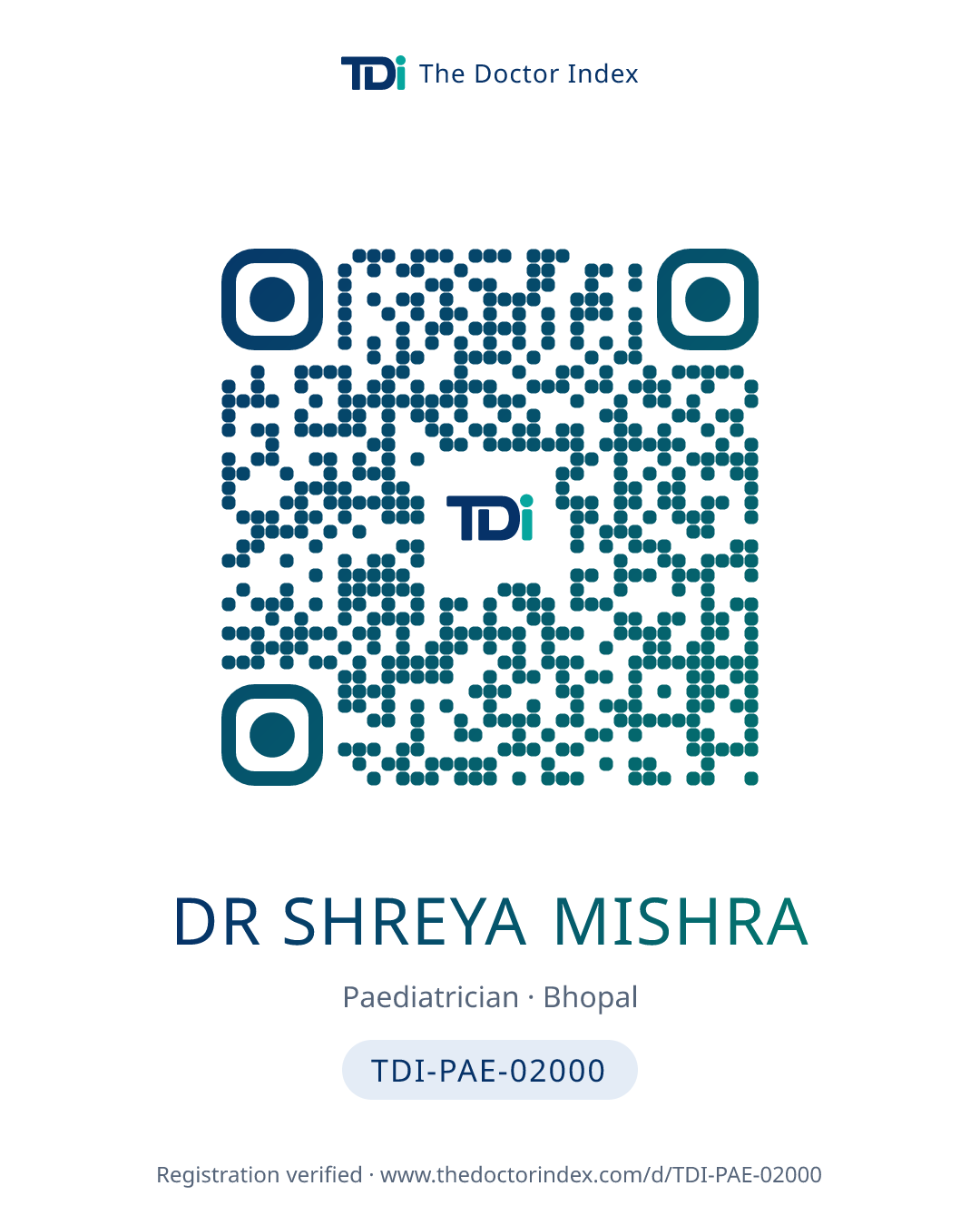 QR card for Dr Shreya Mishra, TDI-PAE-02000