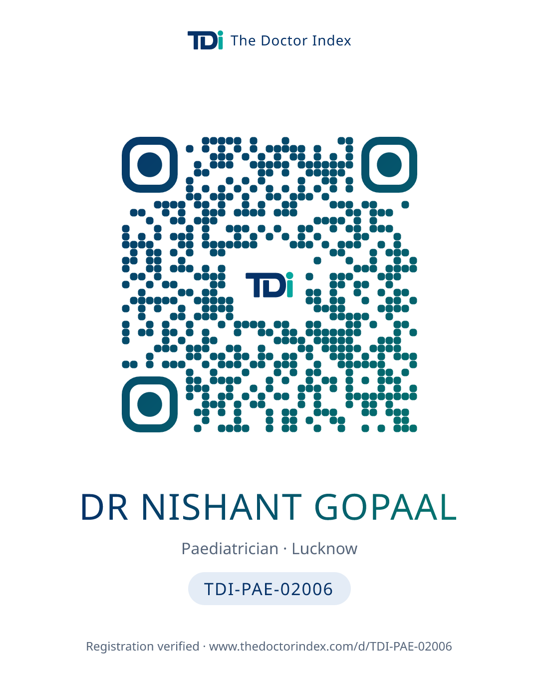 QR card for Dr Nishant Gopaal, TDI-PAE-02006