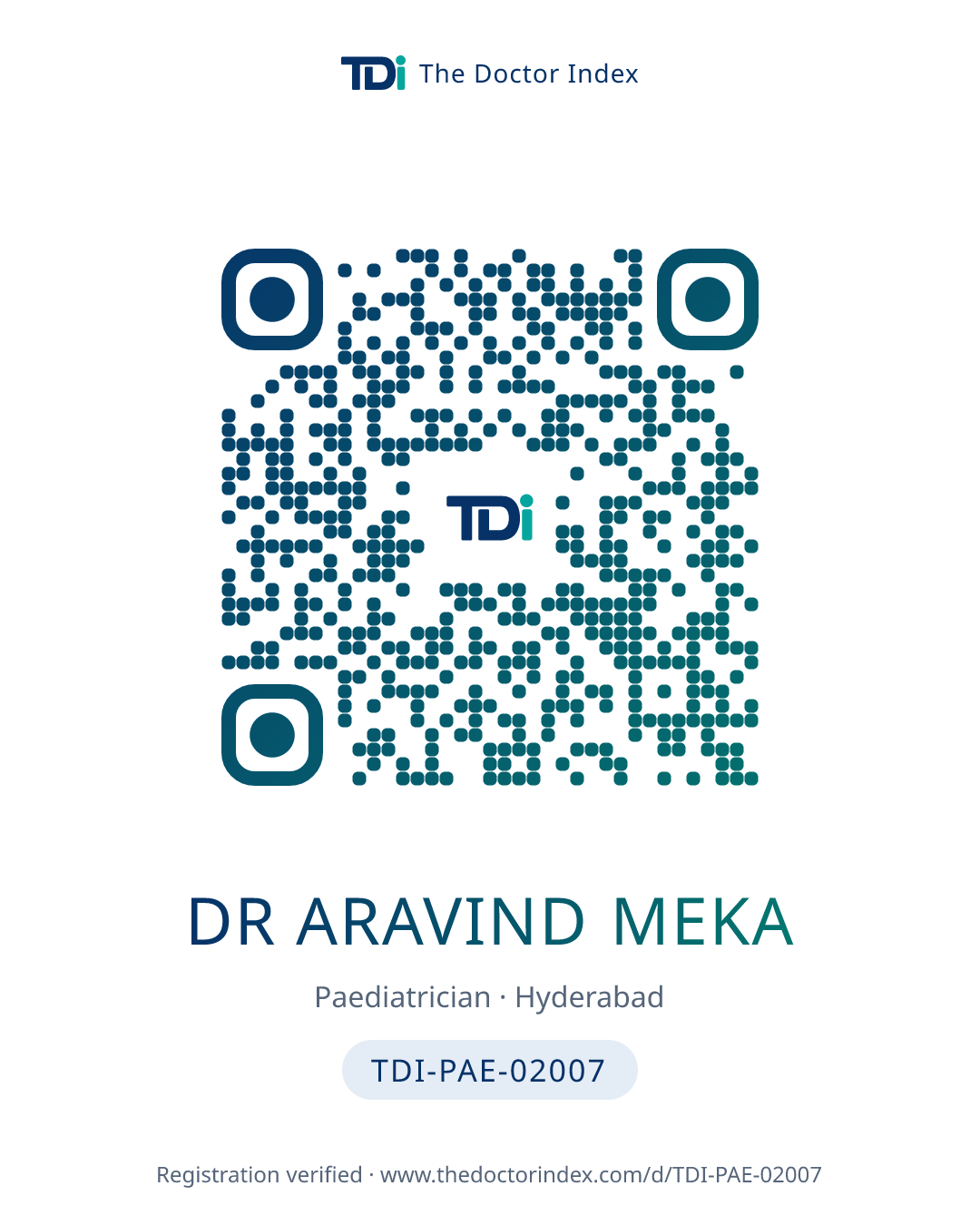 QR card for Dr Aravind Meka, TDI-PAE-02007