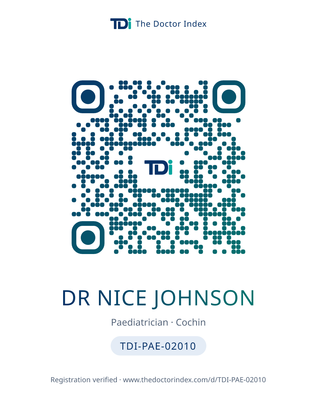 QR card for Dr Nice Johnson, TDI-PAE-02010