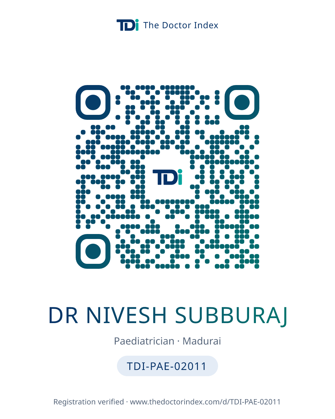 QR card for Dr Nivesh Subburaj, TDI-PAE-02011