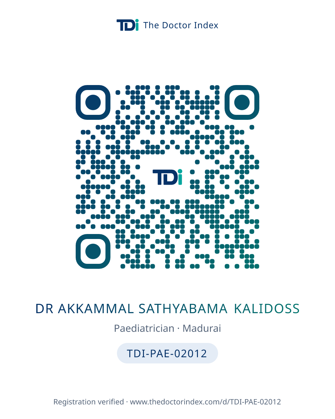 QR card for Dr Akkammal Sathyabama Kalidoss, TDI-PAE-02012