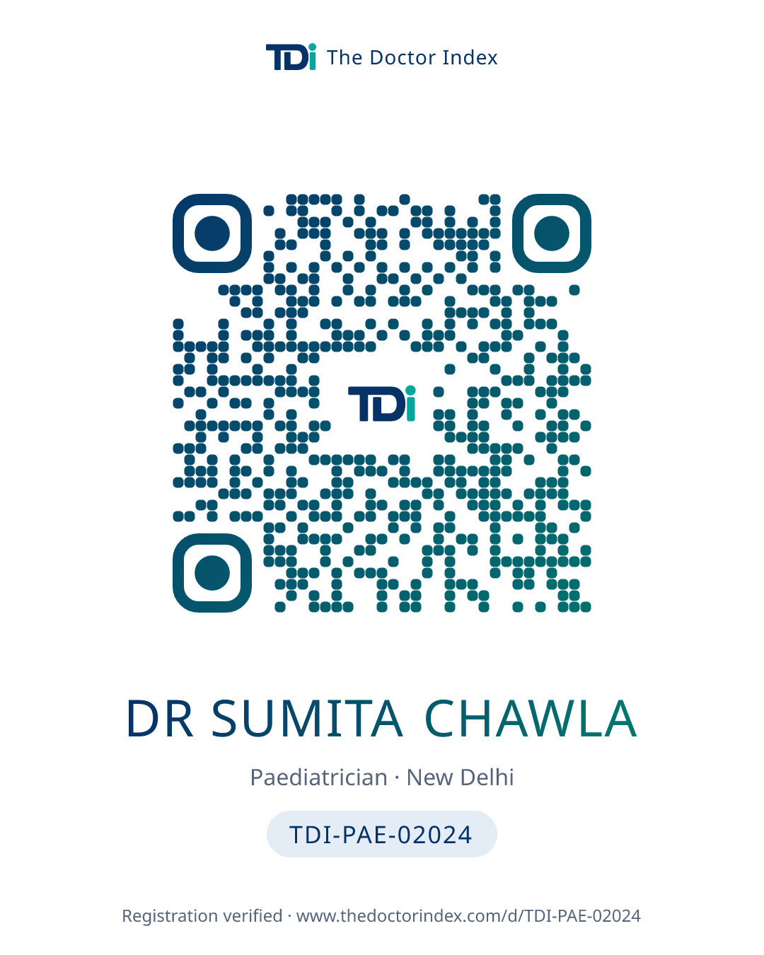 QR card for Dr Sumita Chawla, TDI-PAE-02024