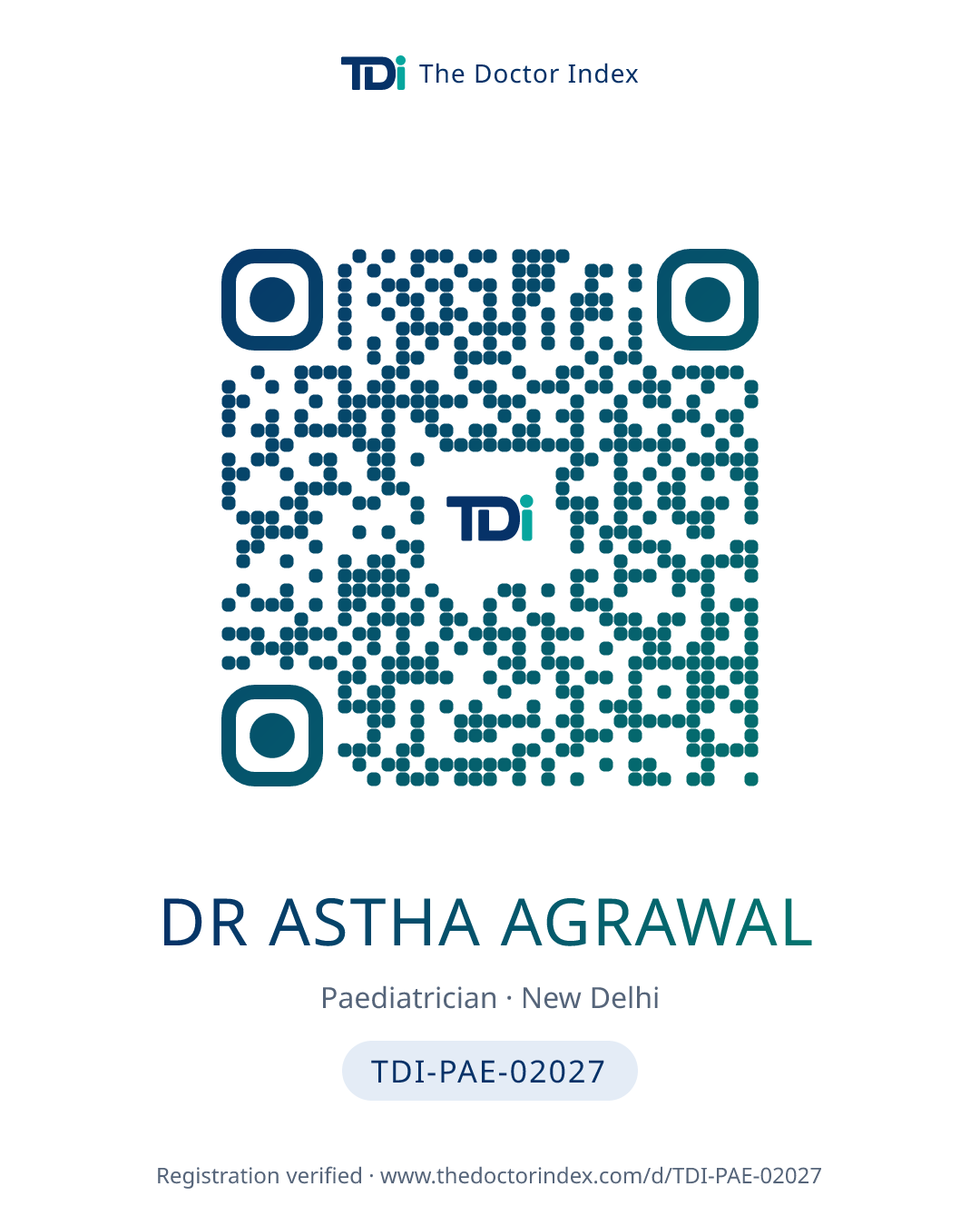 QR card for Dr Astha Agrawal, TDI-PAE-02027