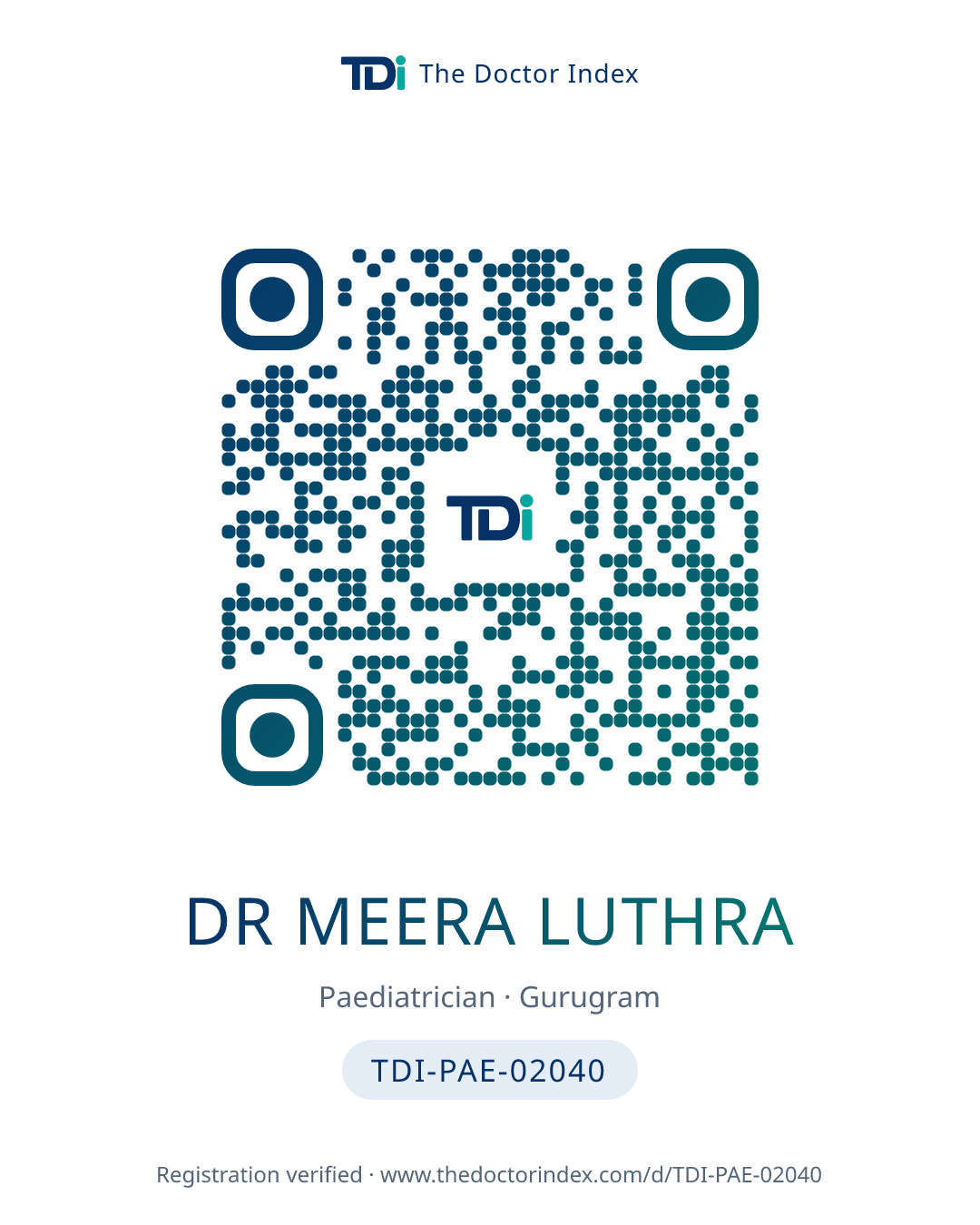 QR card for Dr Meera Luthra, TDI-PAE-02040