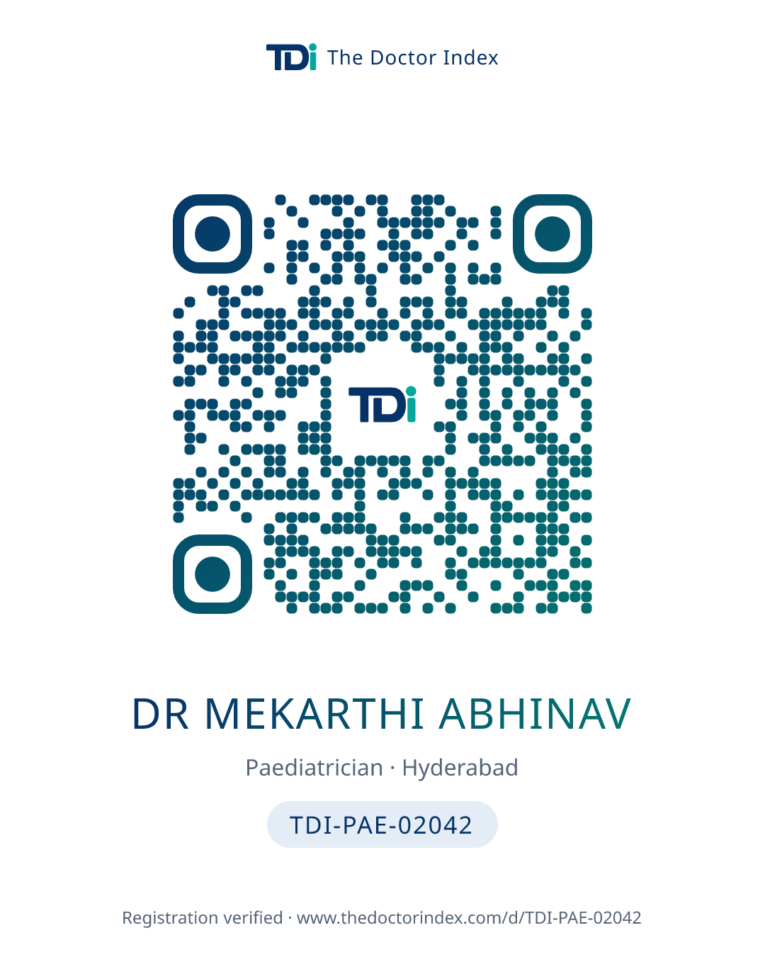 QR card for Dr Mekarthi Abhinav, TDI-PAE-02042