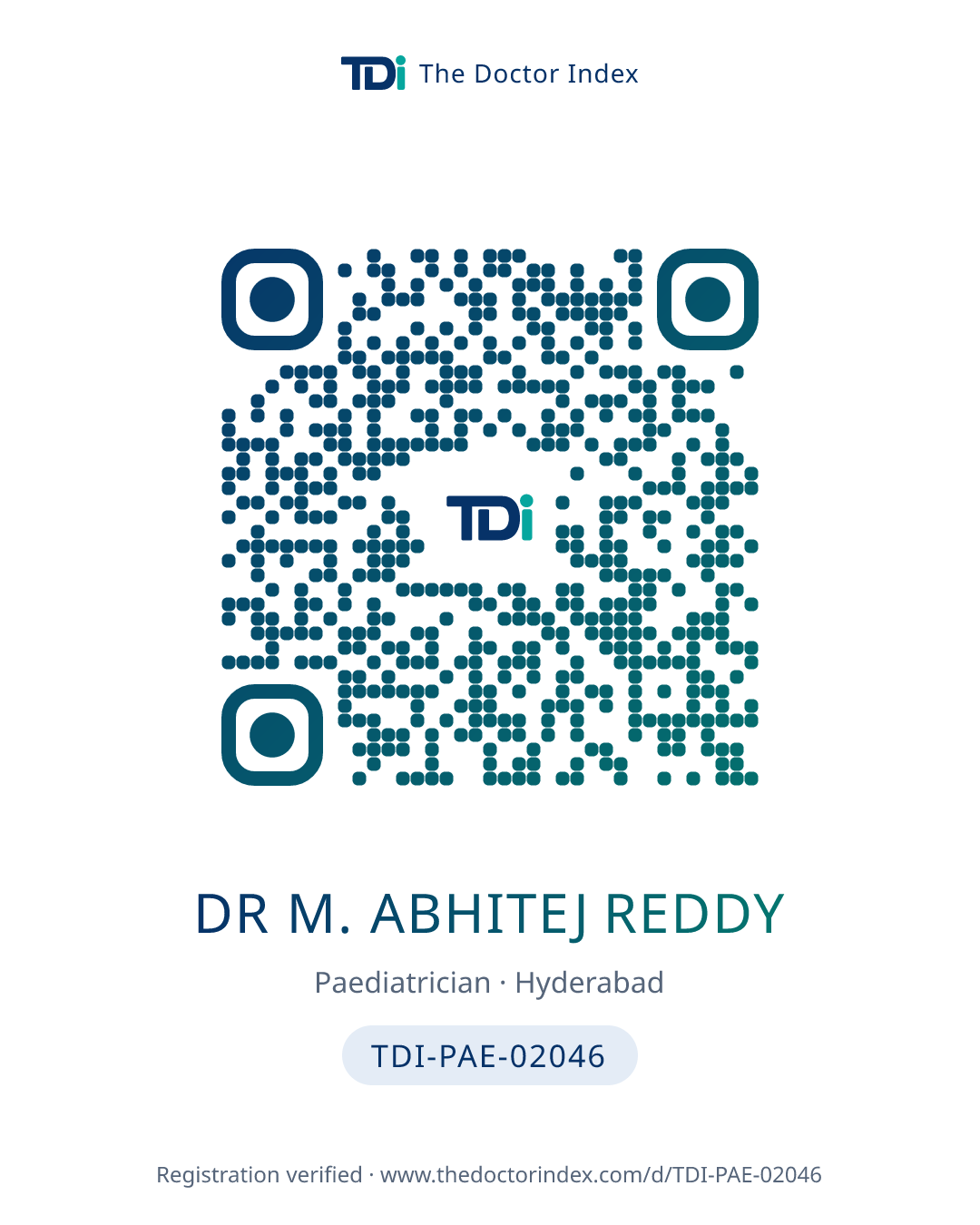 QR card for Dr M. Abhitej Reddy, TDI-PAE-02046