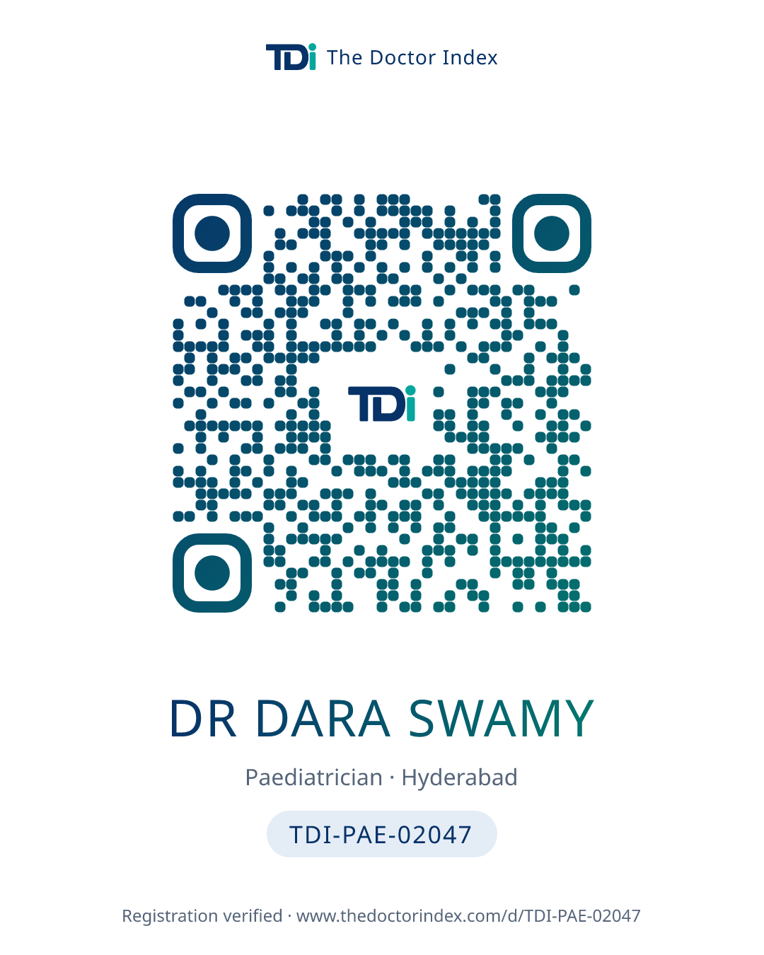 QR card for Dr Dara Swamy, TDI-PAE-02047