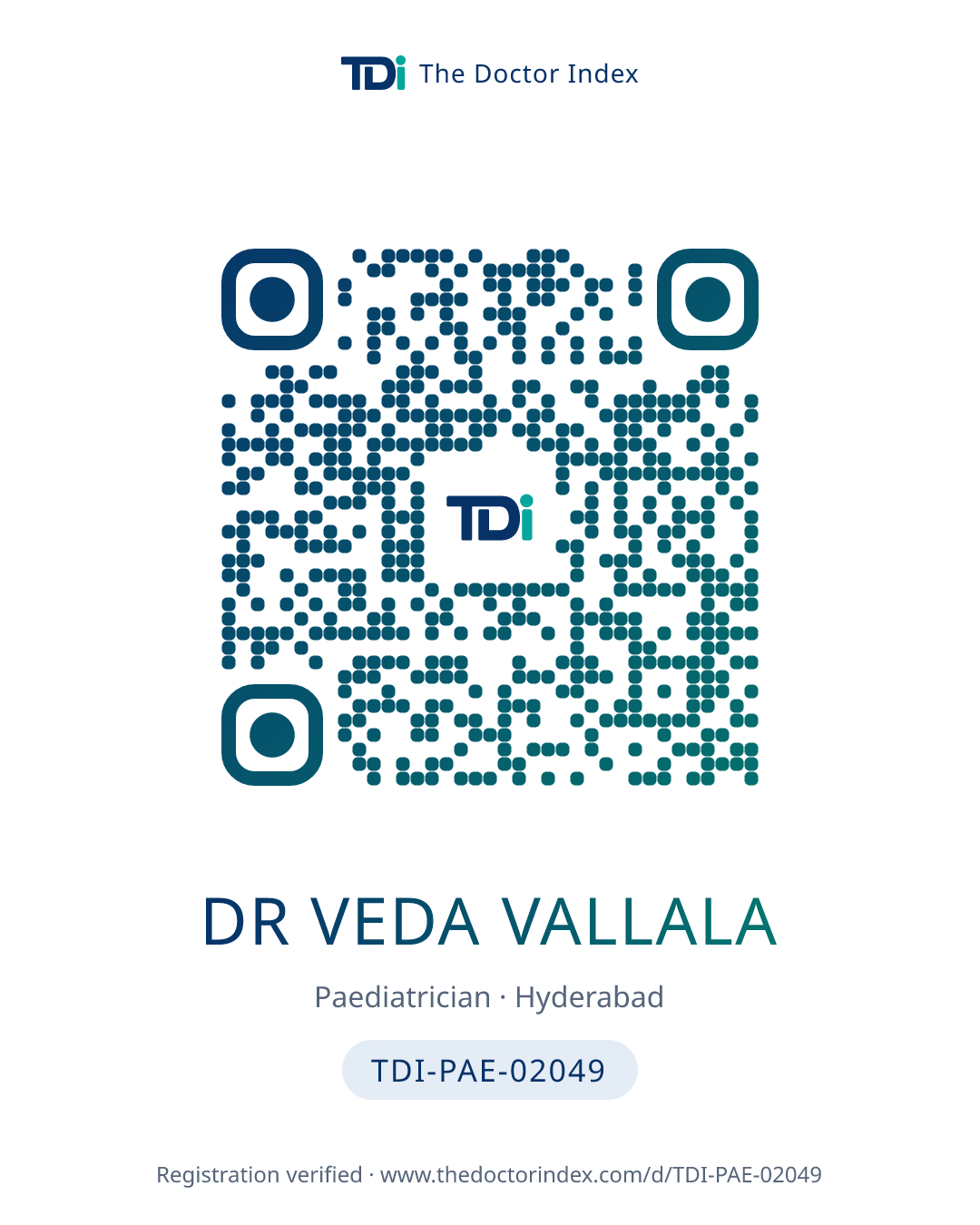 QR card for Dr Veda Vallala, TDI-PAE-02049