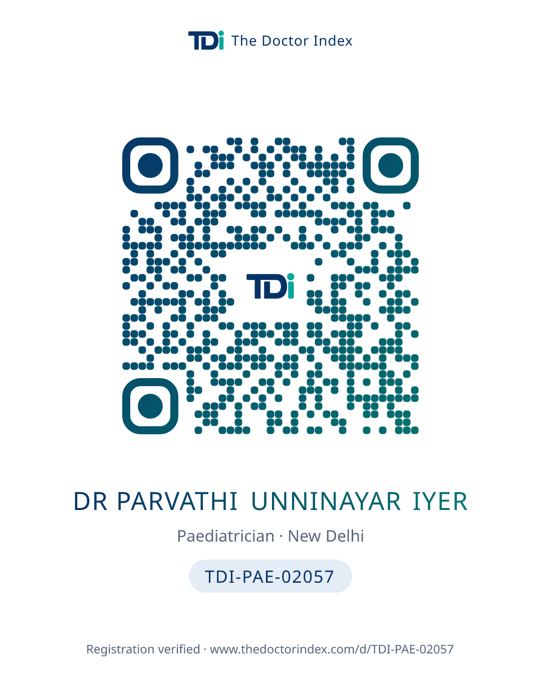 QR card for Dr Parvathi Unninayar Iyer, TDI-PAE-02057