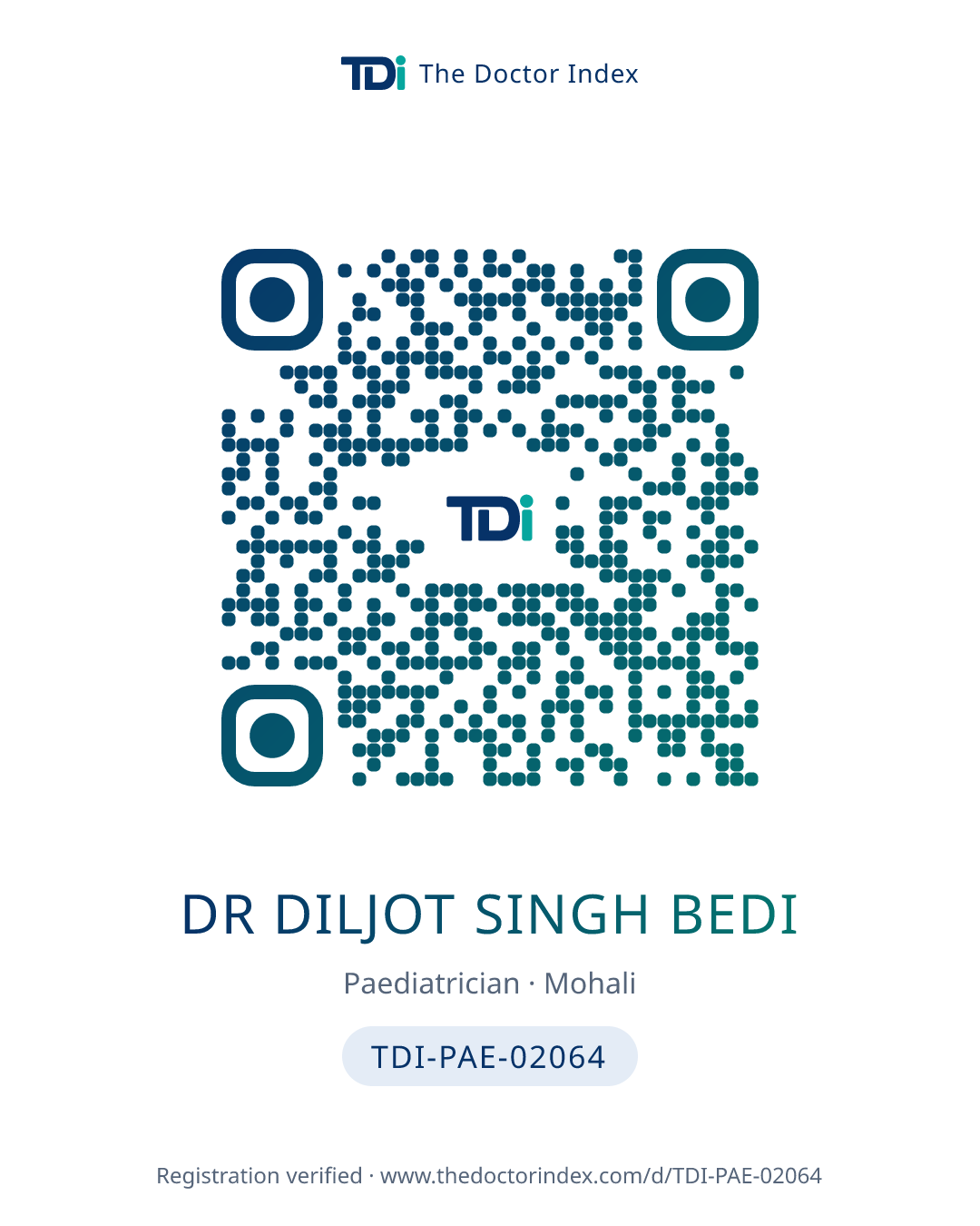 QR card for Dr Diljot Singh Bedi, TDI-PAE-02064