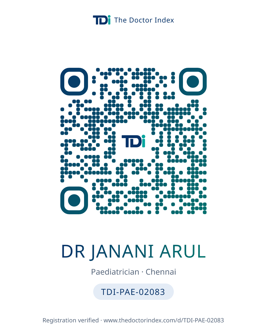 QR card for Dr Janani Arul, TDI-PAE-02083
