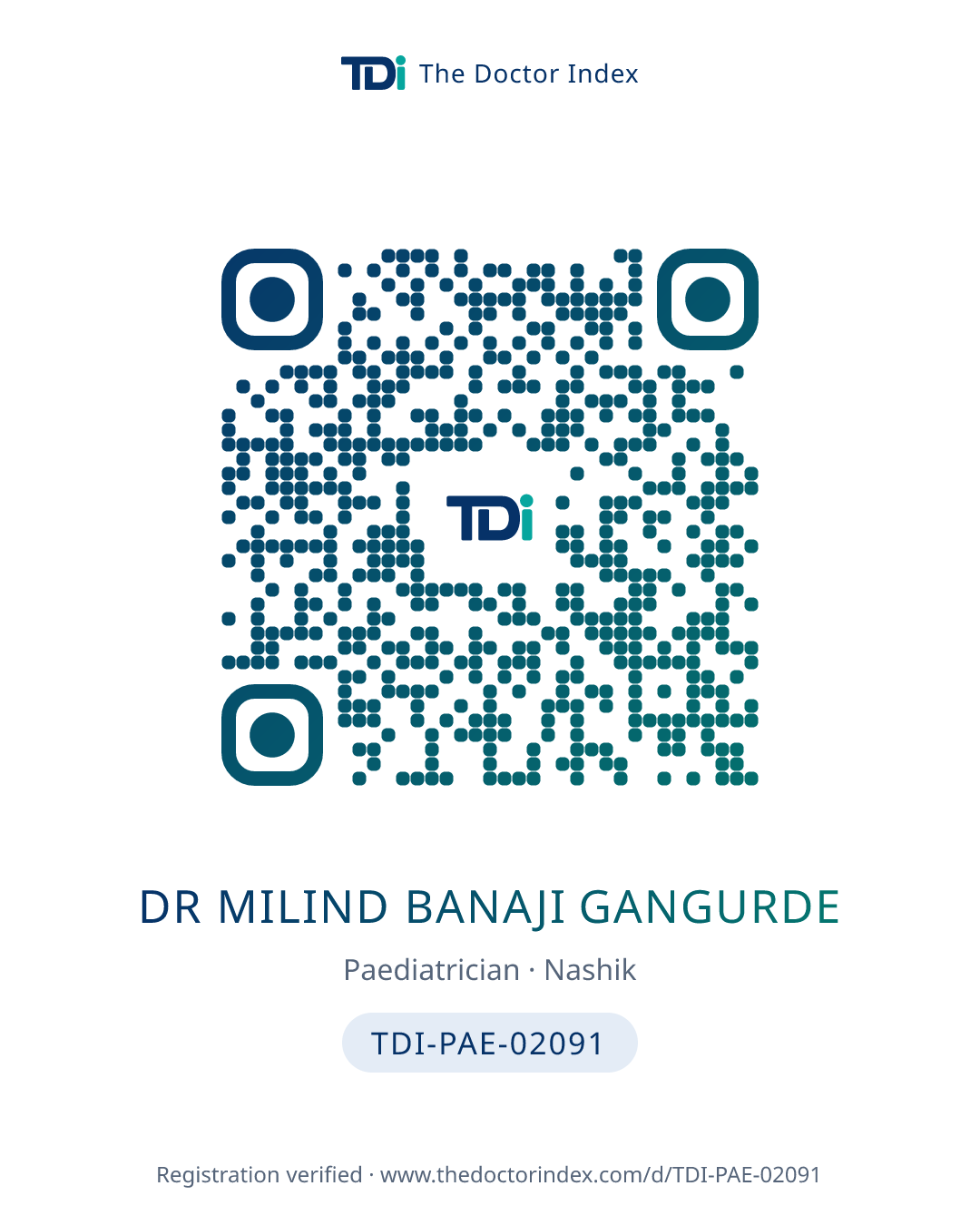 QR card for Dr Milind Banaji Gangurde, TDI-PAE-02091