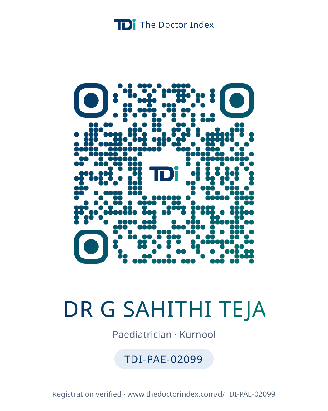 QR card for Dr G Sahithi Teja, TDI-PAE-02099