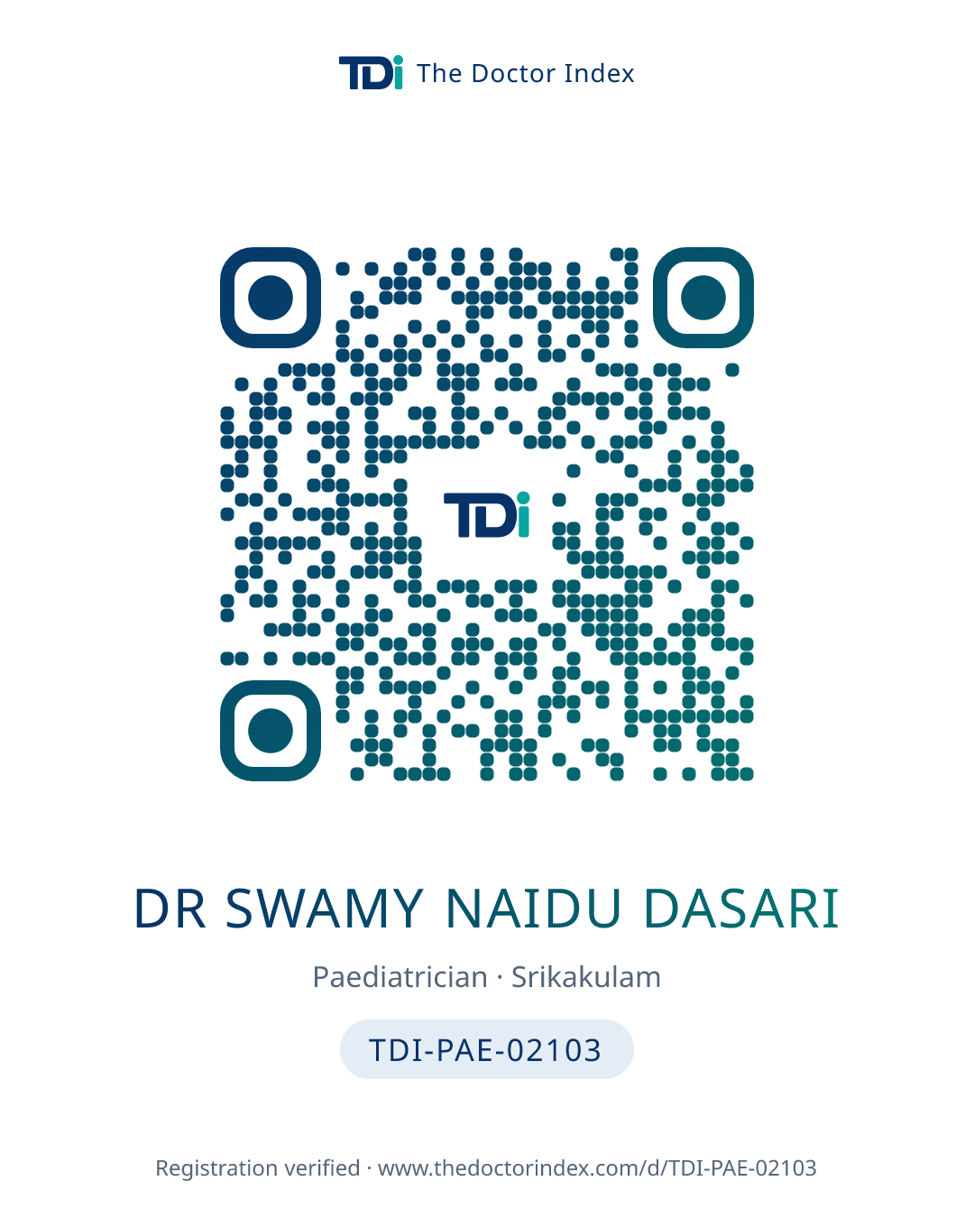 QR card for Dr Swamy Naidu Dasari, TDI-PAE-02103