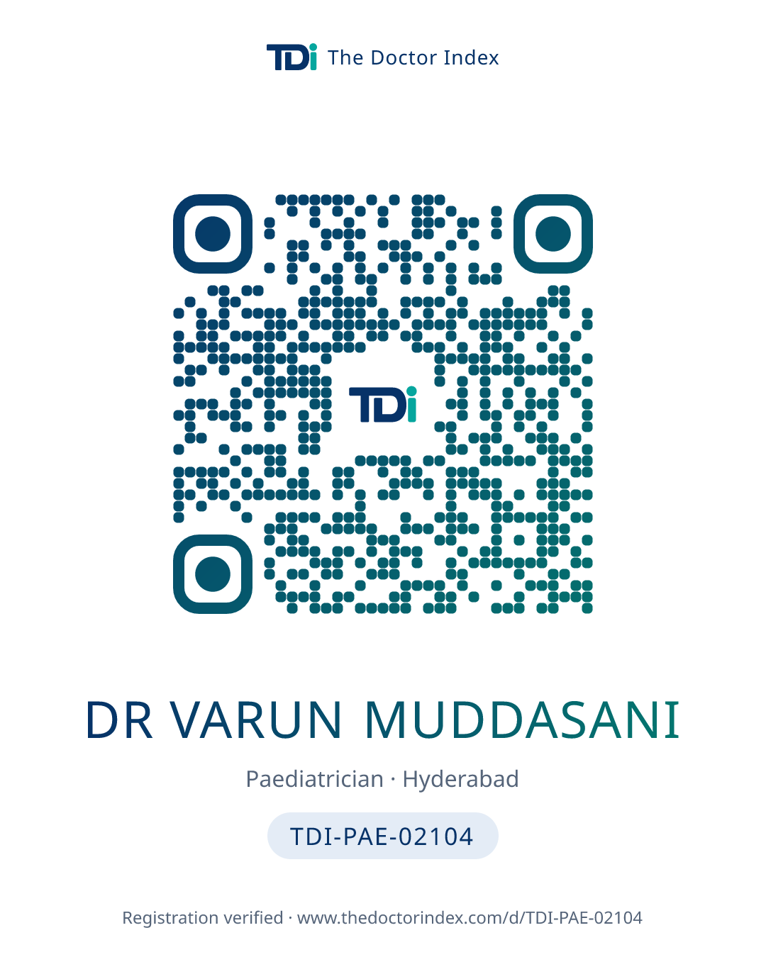 QR card for Dr Varun Muddasani, TDI-PAE-02104