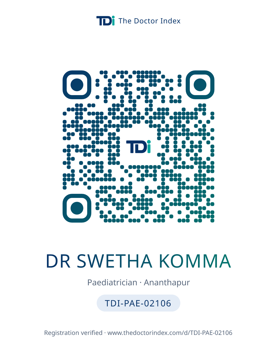 QR card for Dr Swetha Komma, TDI-PAE-02106