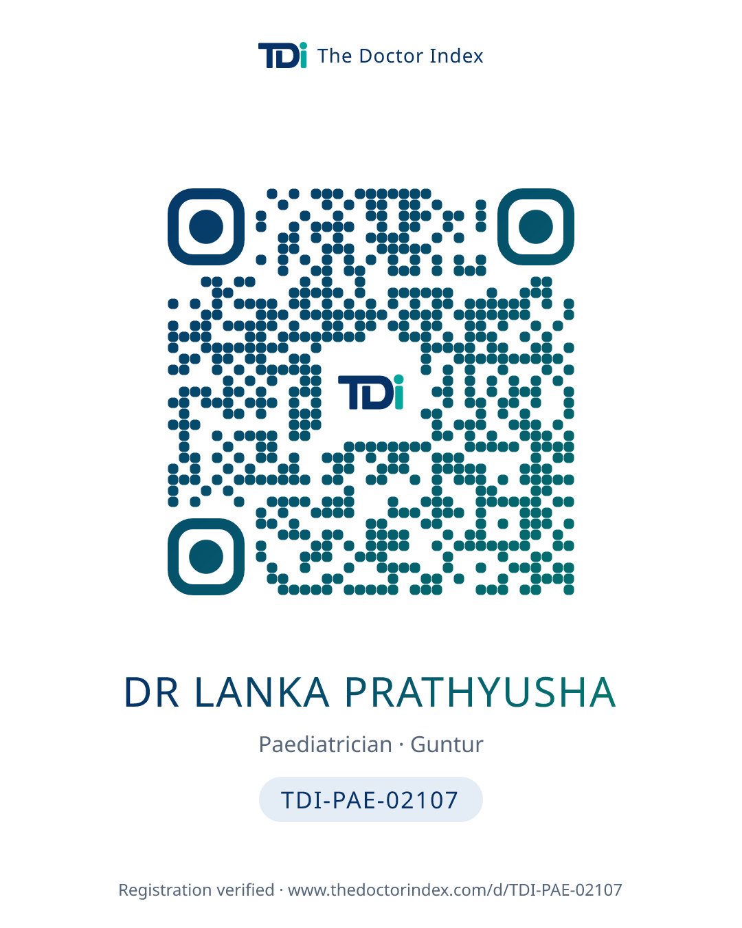 QR card for Dr Lanka Prathyusha, TDI-PAE-02107