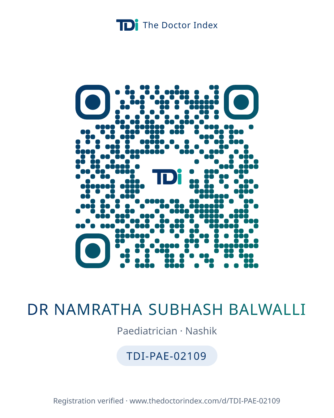 QR card for Dr Namratha Subhash Balwalli, TDI-PAE-02109