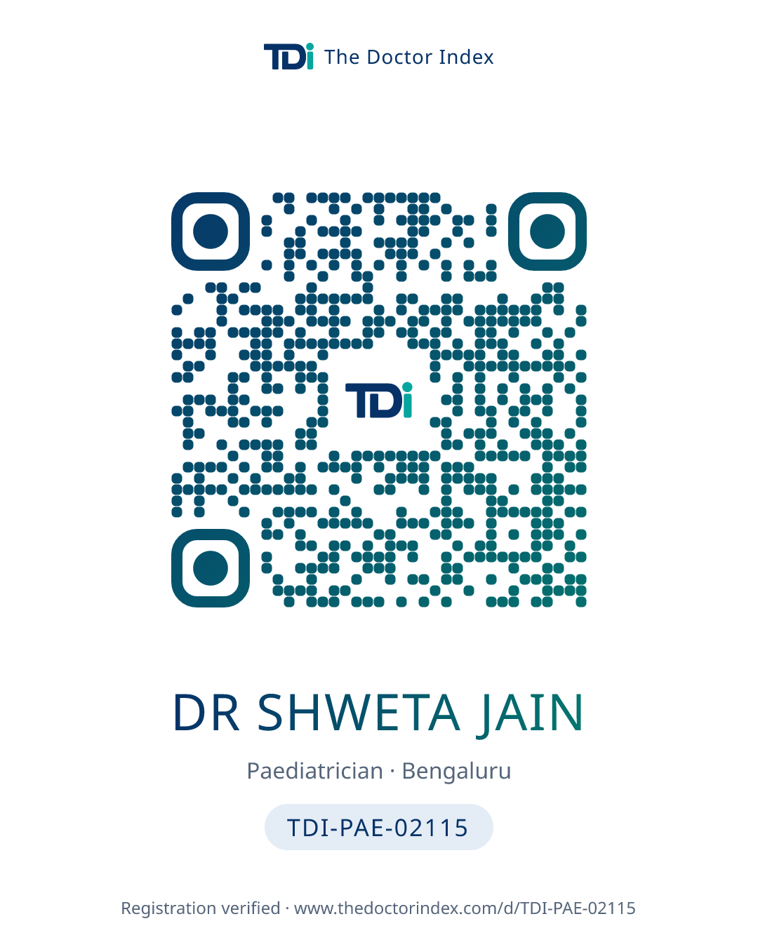 QR card for Dr Shweta Jain, TDI-PAE-02115