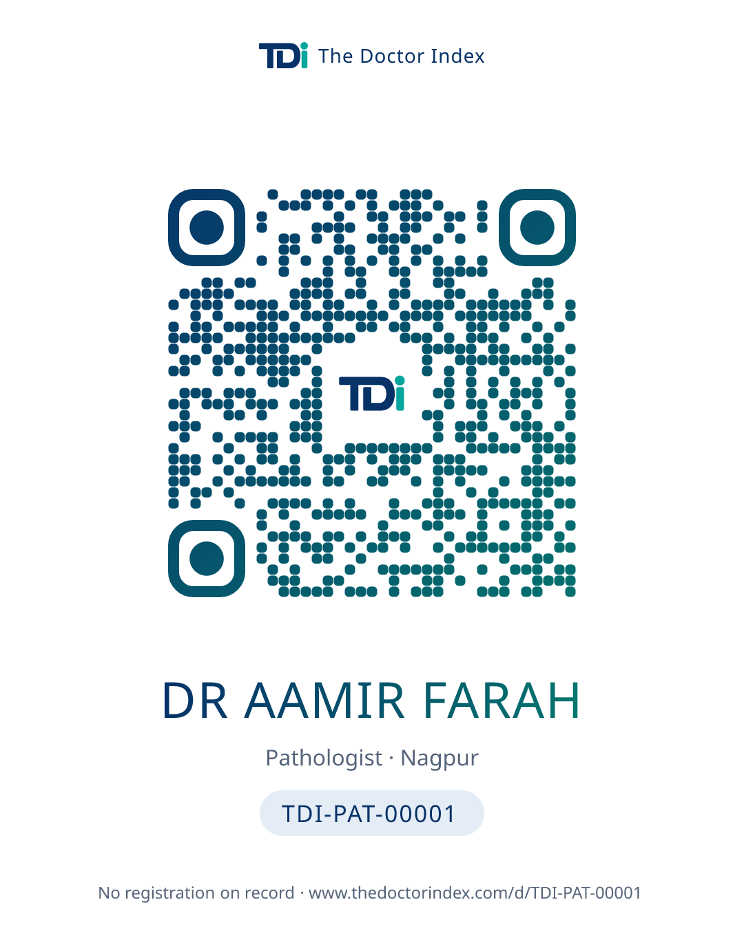 QR card for Dr Aamir Farah, TDI-PAT-00001