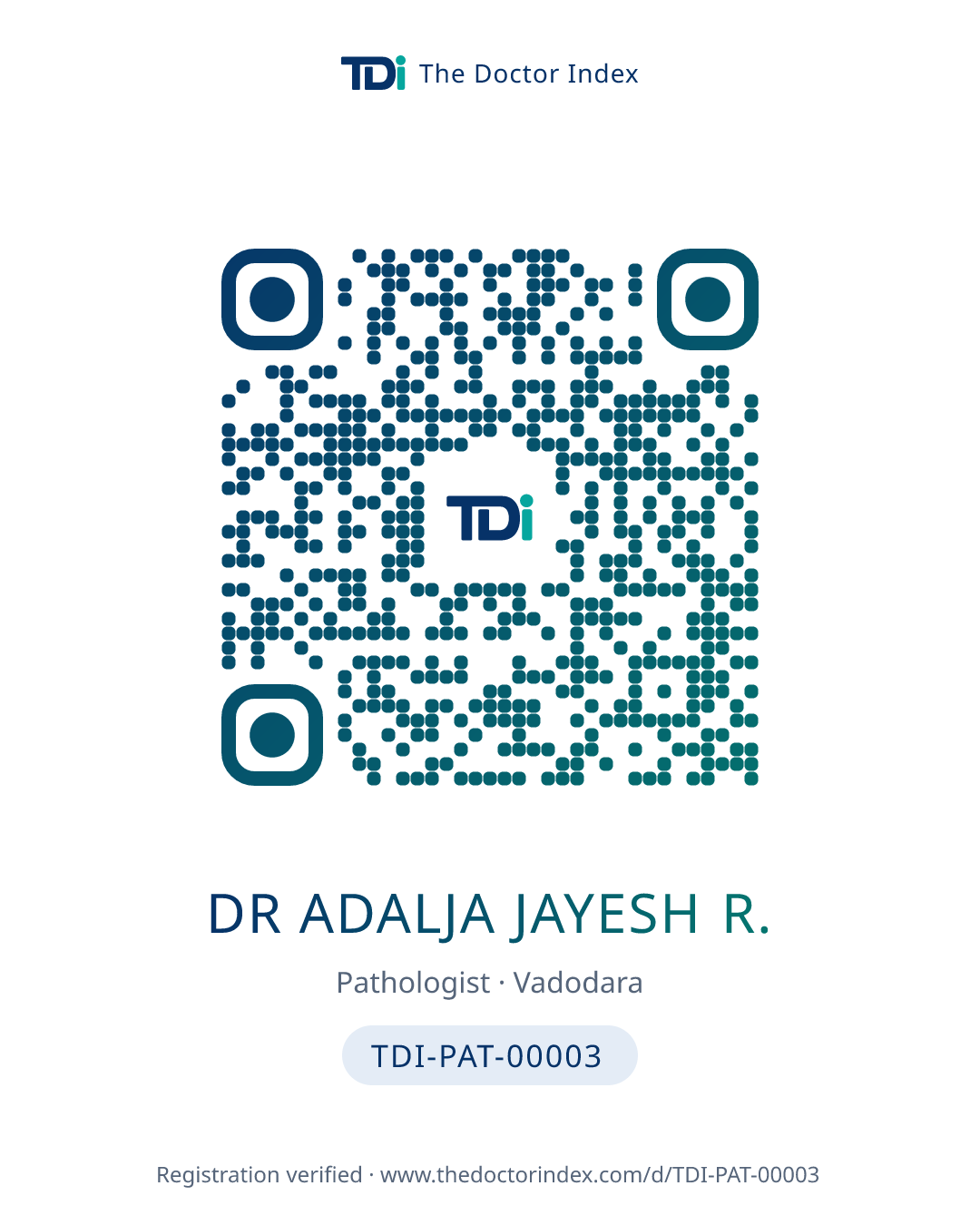 QR card for Dr Adalja Jayesh R., TDI-PAT-00003