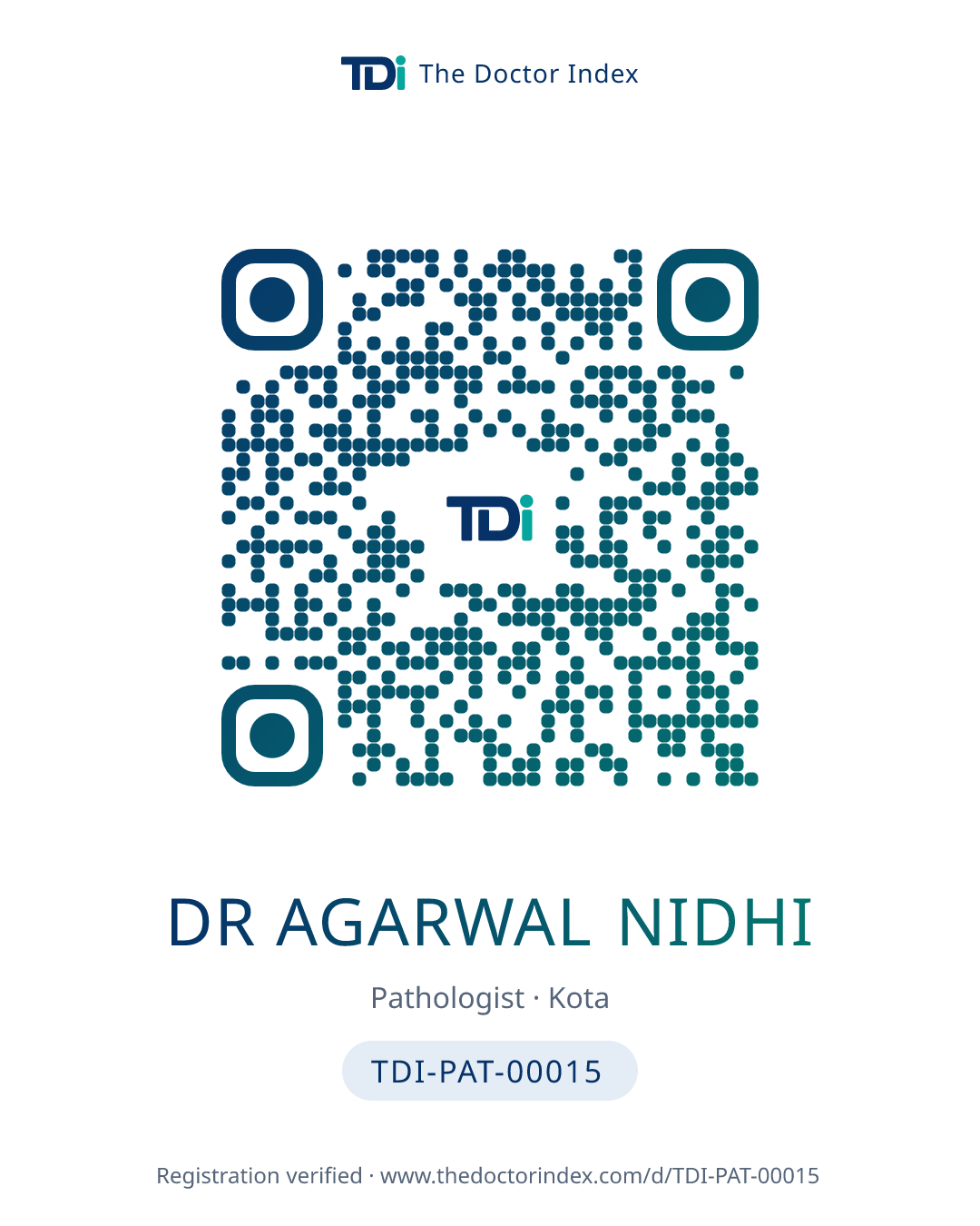 QR card for Dr Agarwal Nidhi, TDI-PAT-00015