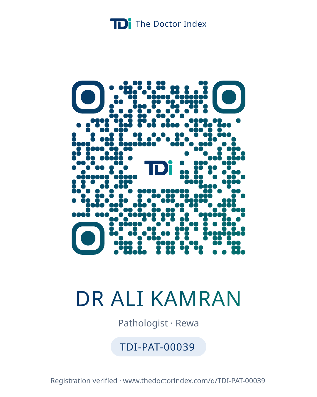 QR card for Dr Ali Kamran, TDI-PAT-00039