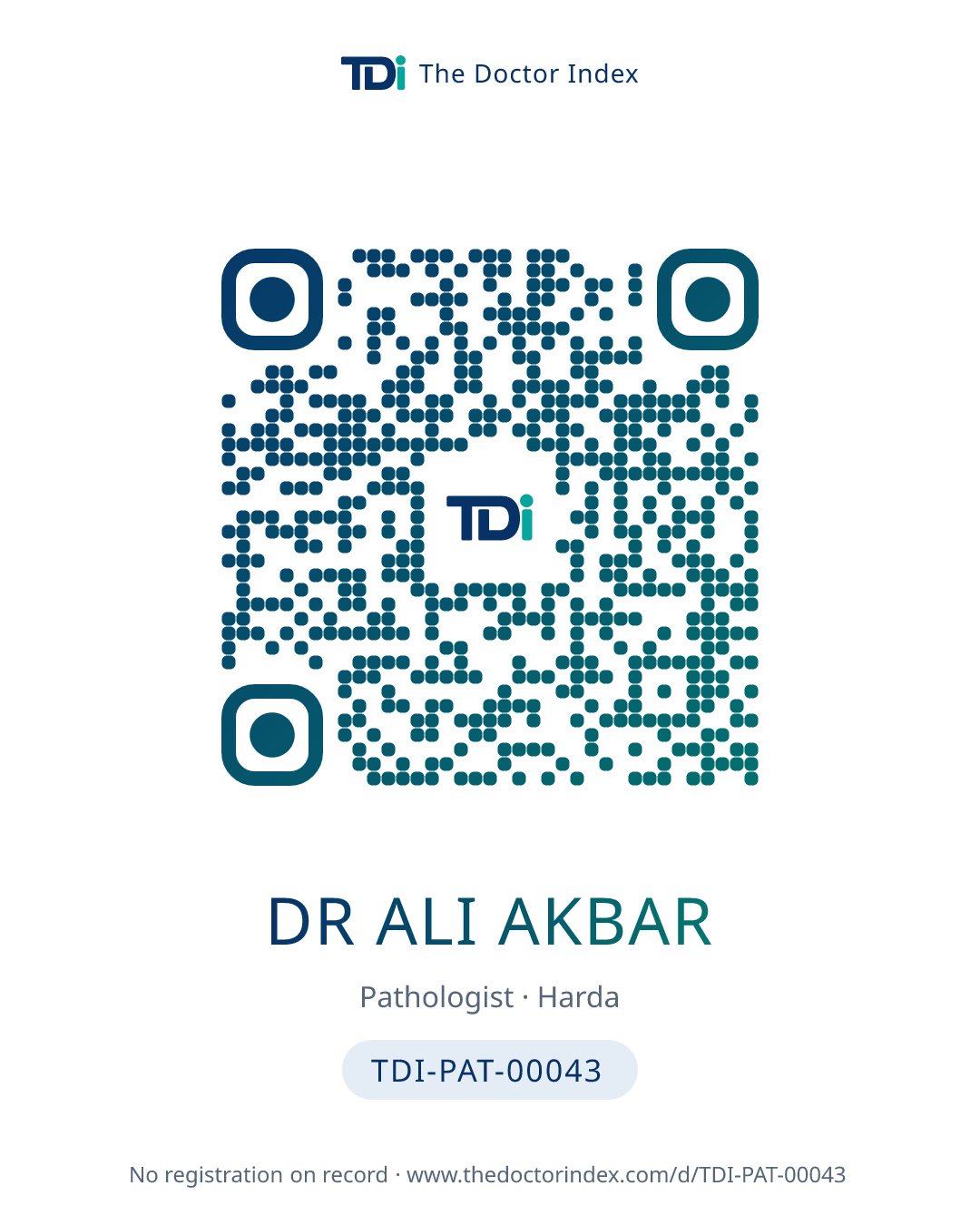 QR card for Dr Ali Akbar, TDI-PAT-00043