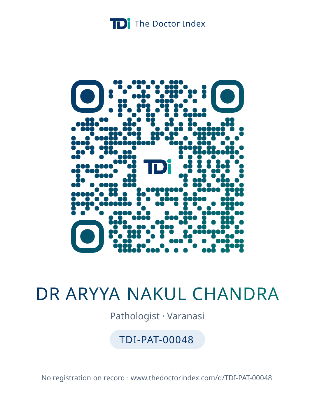 QR card for Dr Aryya Nakul Chandra, TDI-PAT-00048