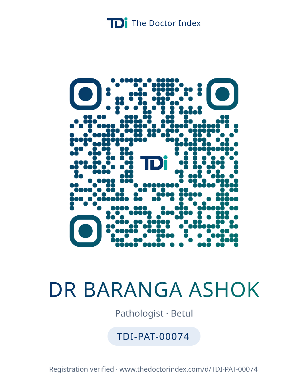 QR card for Dr Baranga Ashok, TDI-PAT-00074
