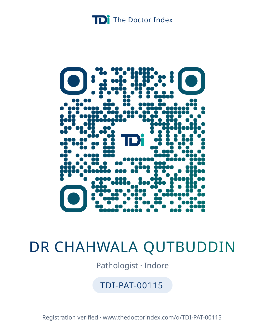 QR card for Dr Chahwala Qutbuddin, TDI-PAT-00115