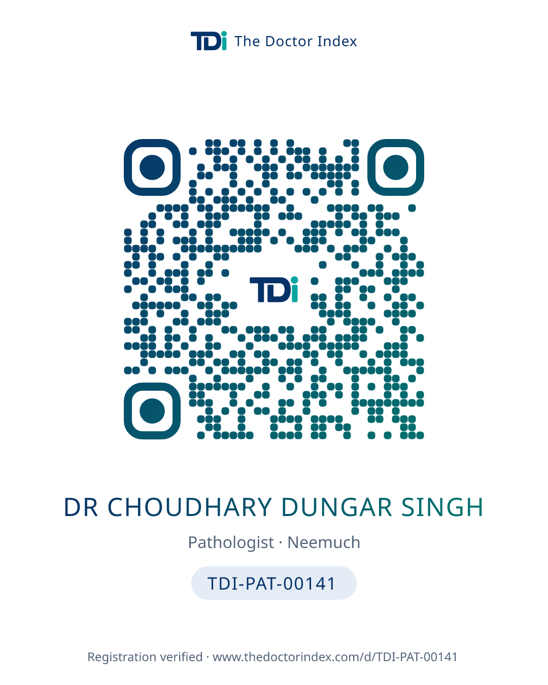 QR card for Dr Choudhary Dungar Singh, TDI-PAT-00141