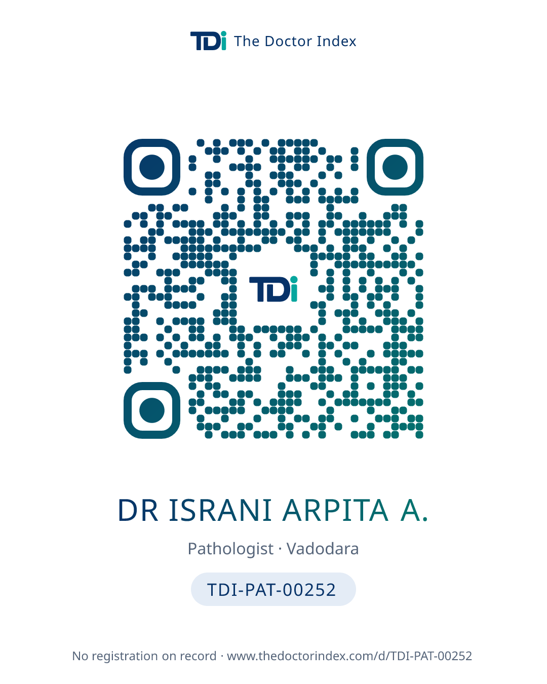 QR card for Dr Israni Arpita A., TDI-PAT-00252