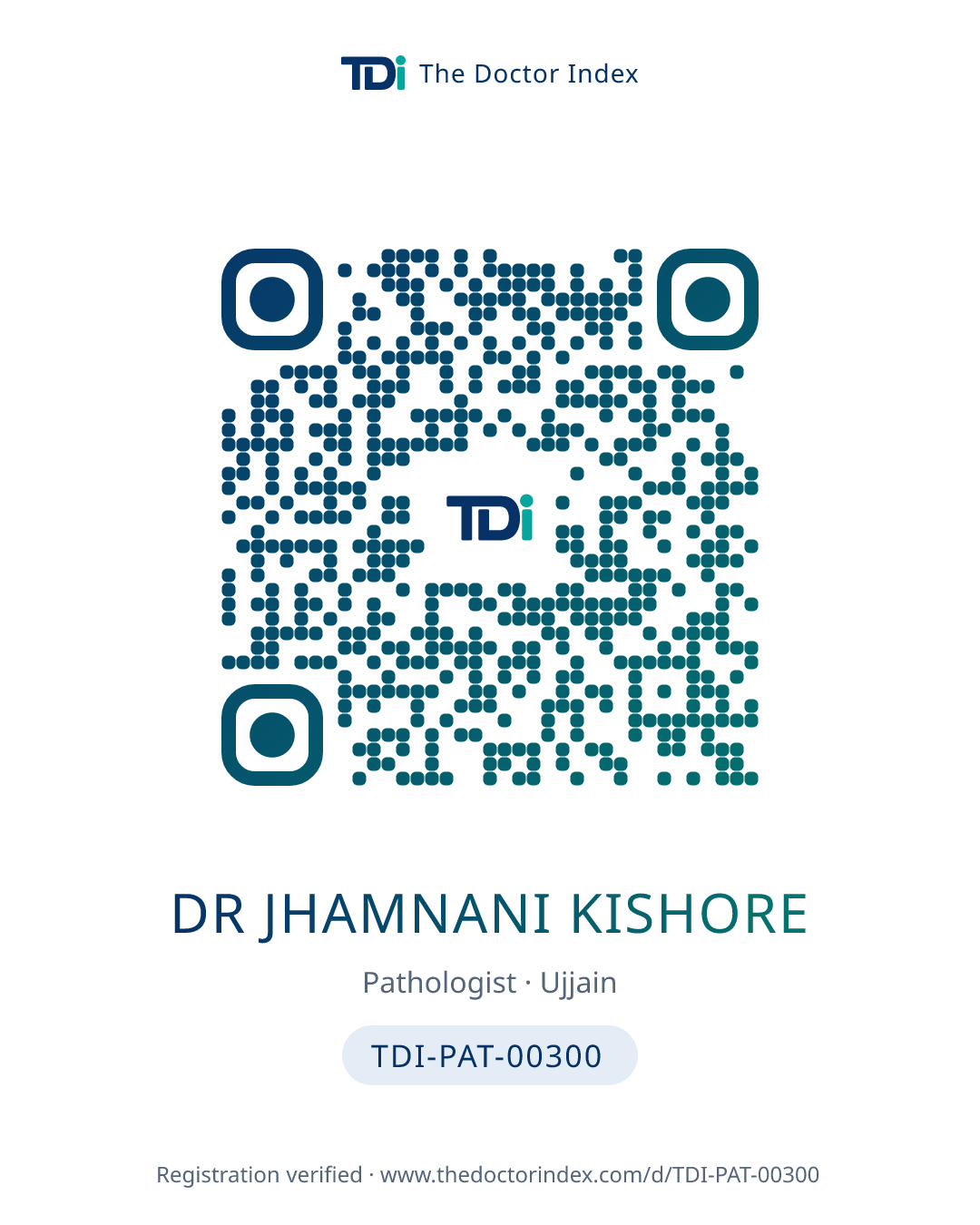 QR card for Dr Jhamnani Kishore, TDI-PAT-00300