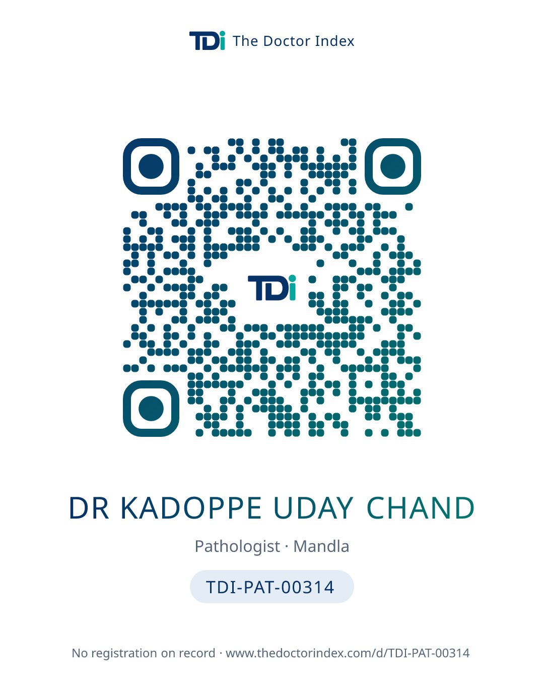 QR card for Dr Kadoppe Uday Chand, TDI-PAT-00314