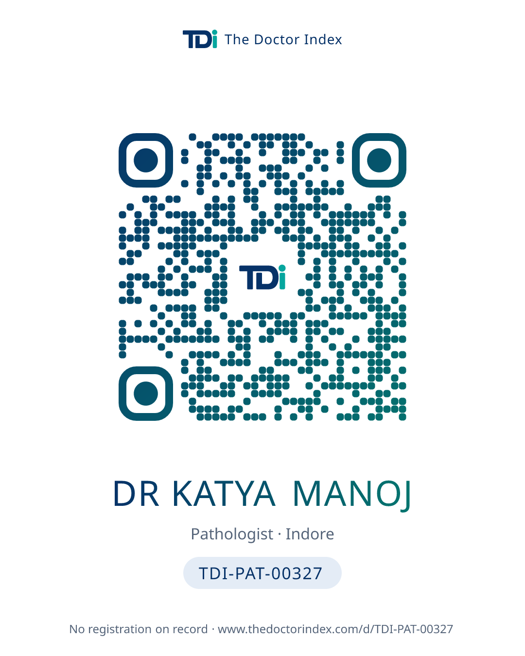 QR card for Dr Katya Manoj, TDI-PAT-00327