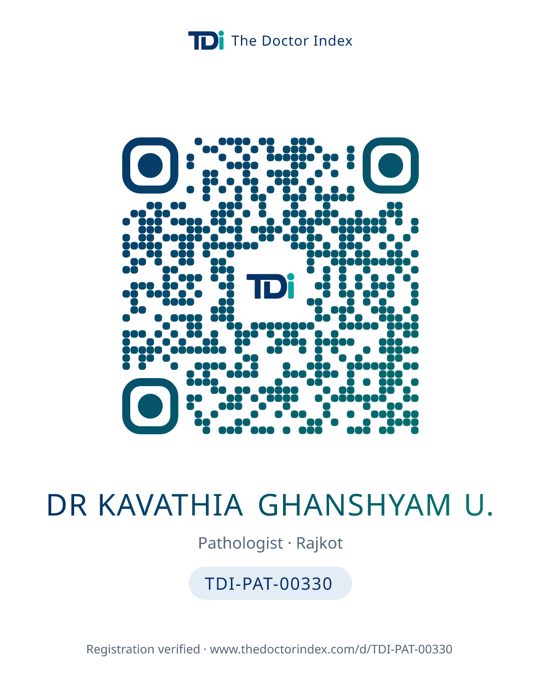 QR card for Dr Kavathia Ghanshyam U., TDI-PAT-00330
