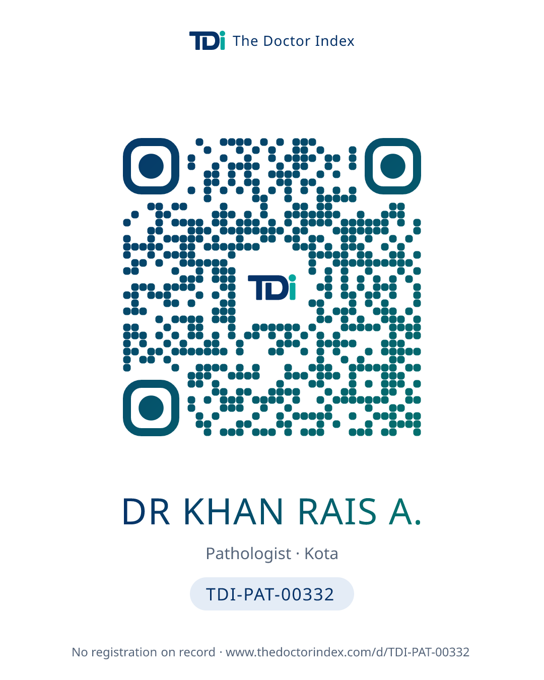 QR card for Dr Khan Rais A., TDI-PAT-00332