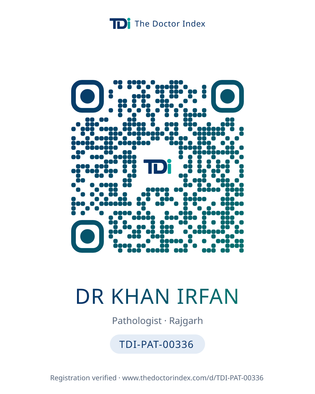 QR card for Dr Khan Irfan, TDI-PAT-00336