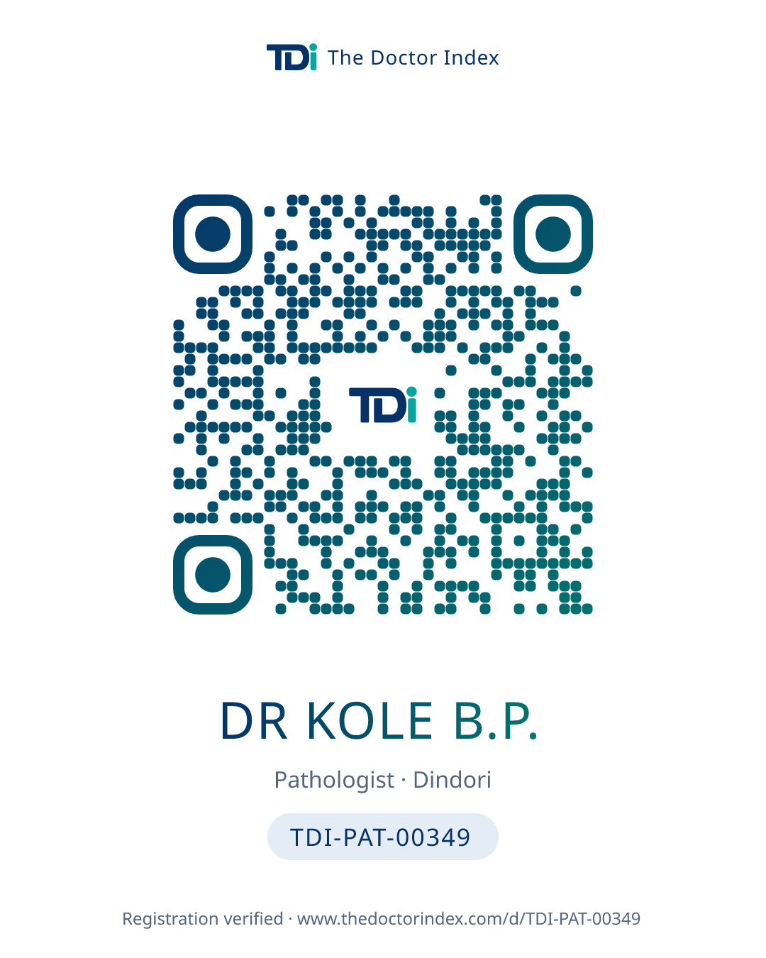 QR card for Dr Kole B.P., TDI-PAT-00349