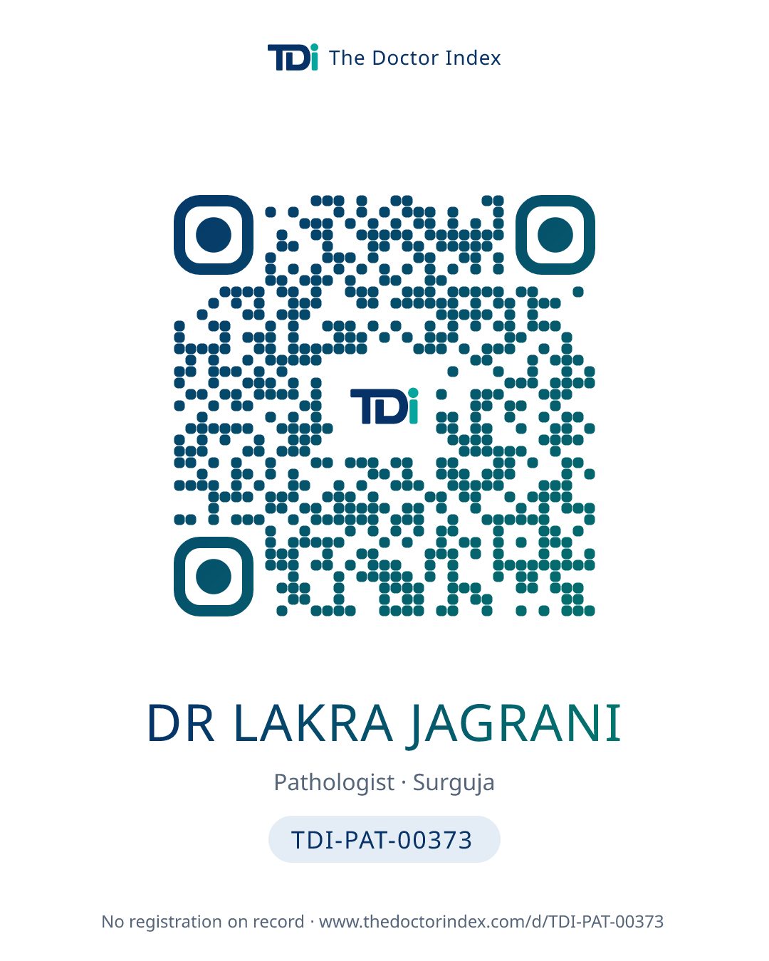QR card for Dr Lakra Jagrani, TDI-PAT-00373