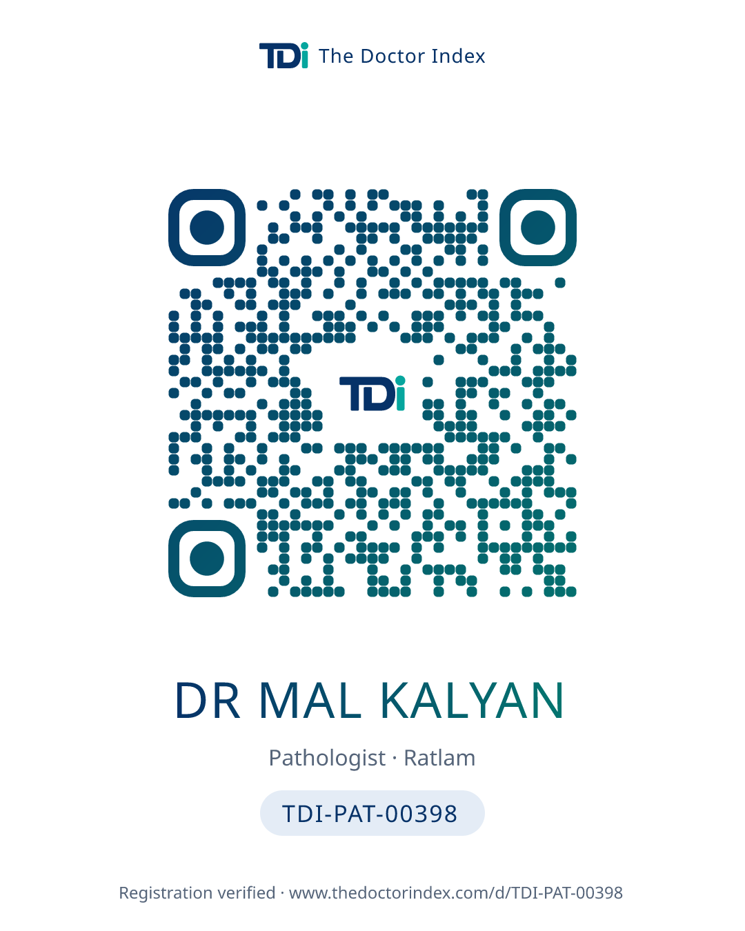 QR card for Dr Mal Kalyan, TDI-PAT-00398