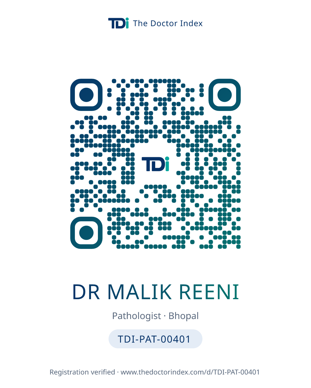 QR card for Dr Malik Reeni, TDI-PAT-00401
