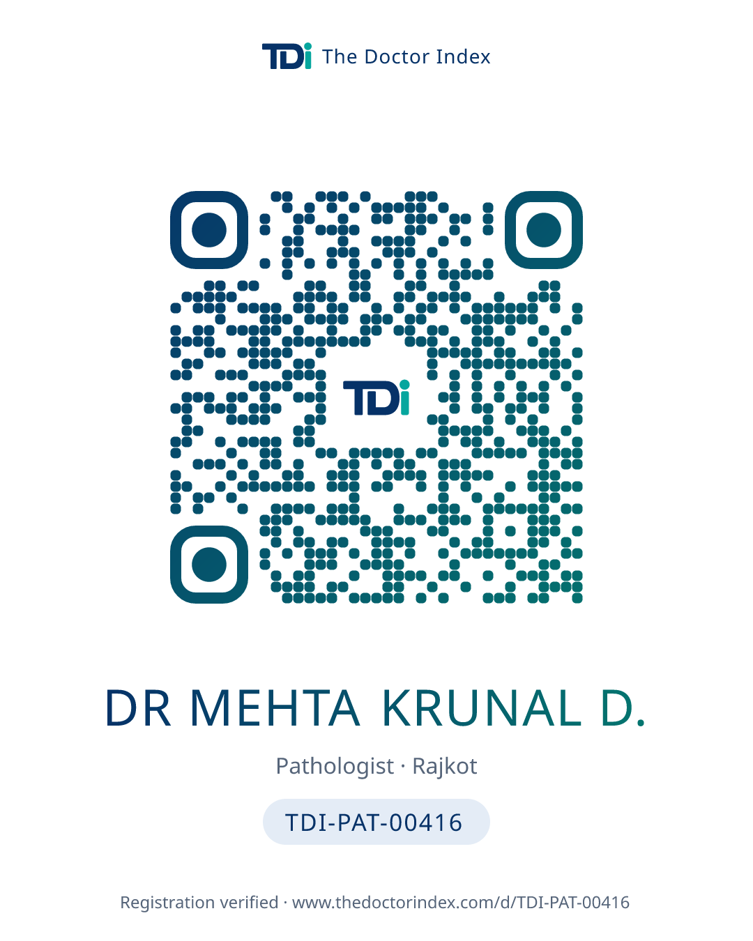 QR card for Dr Mehta Krunal D., TDI-PAT-00416