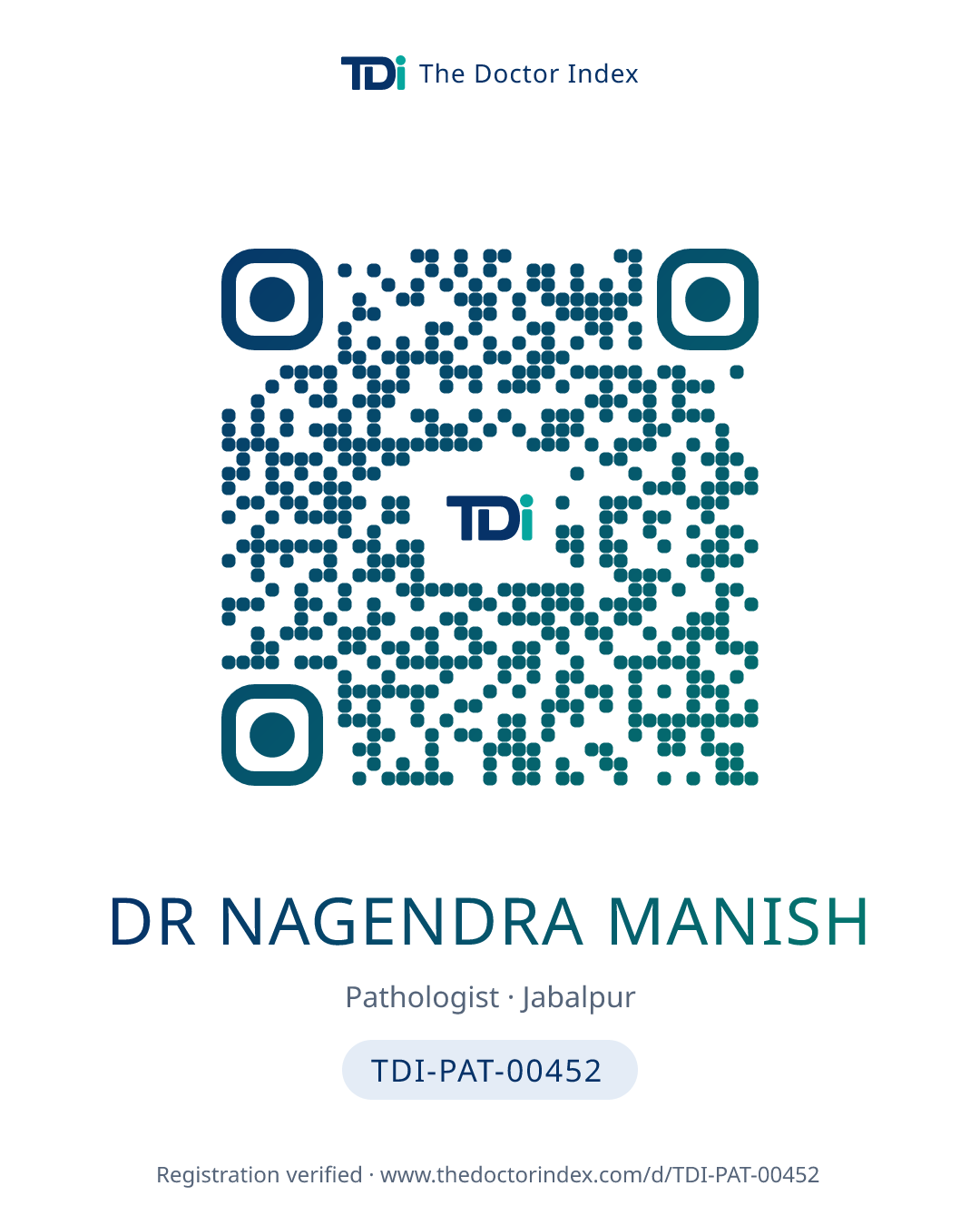 QR card for Dr Nagendra Manish, TDI-PAT-00452